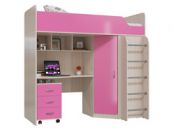 Кровать чердак со шкафом Карлсон цвет дуб молочный/розовый Мэри-Мебель