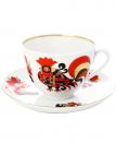 Чашка с блюдцем чайная форма "Весенняя", рисунок "Красные петушки", Императорский фарфоровый завод Тульские самовары