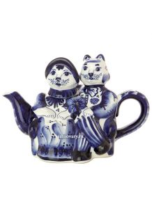 Чайник заварочный керамический Гжель с росписью "Котики" Тульские самовары