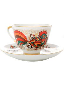 Чашка с блюдцем чайная форма "Весенняя", рисунок "Красный петух", Императорский фарфоровый завод Тульские самовары