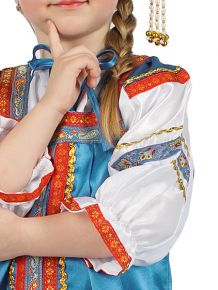 Русский народный костюм, детский голубой атласный комплект "Василиса": сарафан и блузка, 7-12 лет Тульские самовары