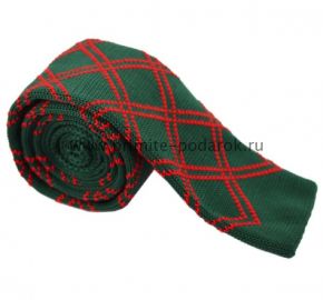 Вязаный трикотажный тонкий галстук зелёный с красными ромбами