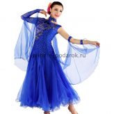 Пышное платье для бальных танцев с одним рукавом синее
