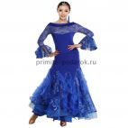 Пышное платье для бальных танцев с длинным рукавом синее