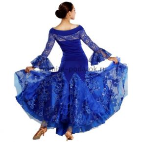Пышное платье для бальных танцев с длинным рукавом синее
