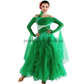 Платье для бальных танцев с длинным рукавом зелёное с цветочками