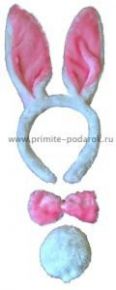 Ободок уши зайца с хвостиком и бабочкой белые с розовыми вставками