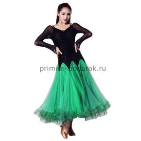 Платье для бальных танцев чёрное с зелёной юбкой