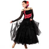 Платье для бальных танцев с длинным рукавом чёрное с цветочками
