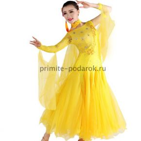 Пышное платье для бальных танцев с одним рукавом жёлтое