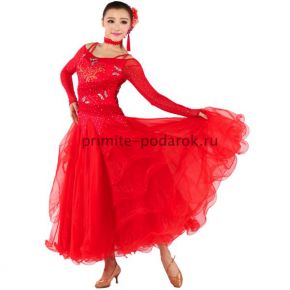 Пышное платье для бальных танцев красное с бабочками
