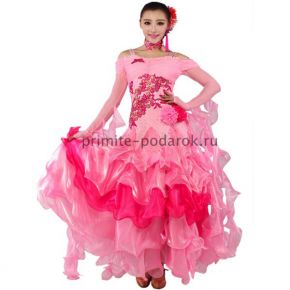 Платье для бальных танцев с длинным рукавом розовое с красным