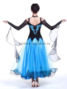 Платье для бальных танцев с длинным рукавом чёрно-голубое