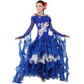 Платье для бальных танцев с длинным рукавом синее с белым