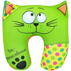 Подушка "Кот путешественник" зелёный под шею (антистрессовая дорожная подушка-подголовник) Подушки-антистресс