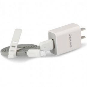 USAMS UTU KIT | Сетевое зарядное устройство (USB 2.1A) + кабель MicroUSB (Белый)  Epik